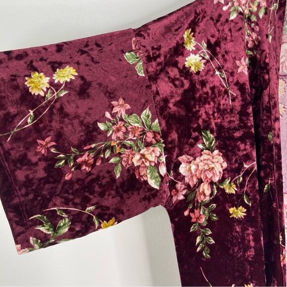 Mixed Threads burgundy red floral velvet open kimono cardigan medium - Picture 4 of 7
